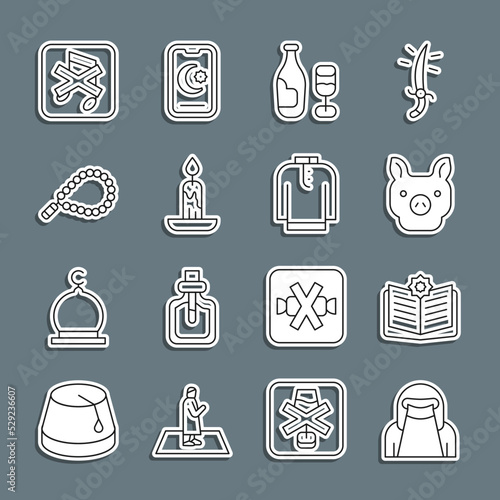 Set line Muslim woman in niqab, Holy book of Koran, Pig, Wine bottle with glass, Burning candle, Rosary beads religion, Speaker mute and Shirt kurta icon. Vector