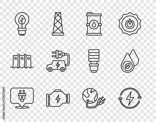 Set line Electric plug, Recharging, Bio fuel barrel, Check engine, Light bulb with leaf, car, Global energy power planet and Water icon. Vector