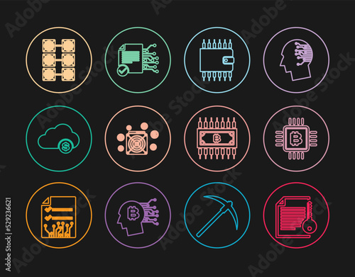 Set line Smart contract, CPU mining farm, Cryptocurrency wallet, ASIC Miner, cloud, Mining, bitcoin with circuit and icon. Vector