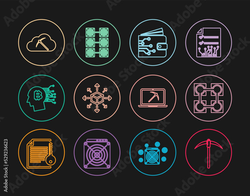 Set line Pickaxe, Blockchain technology, Cryptocurrency wallet, Distribution, Bitcoin think, cloud mining, Mining with laptop and pickaxe and farm icon. Vector