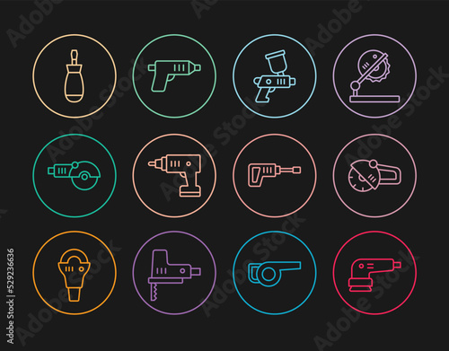 Set line Electric sander, Angle grinder, Paint spray gun, cordless screwdriver, Screwdriver, Rotary hammer drill machine and icon. Vector