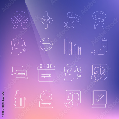 Set line Book with stop cigarette  Disease lungs  Inhaler  Hypnosis  No smoking  Man coughing  Heart cross and Smoking icon. Vector