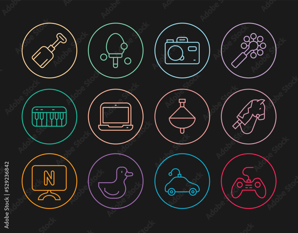 Set line Gamepad, Toy horse, Photo camera, Laptop, Music synthesizer, Shovel toy, Whirligig and Racket icon. Vector Set line Gamepad, Toy horse, Photo camera, Laptop, Music synthesizer, Shovel toy, Whirligig and Racket icon. Vector
