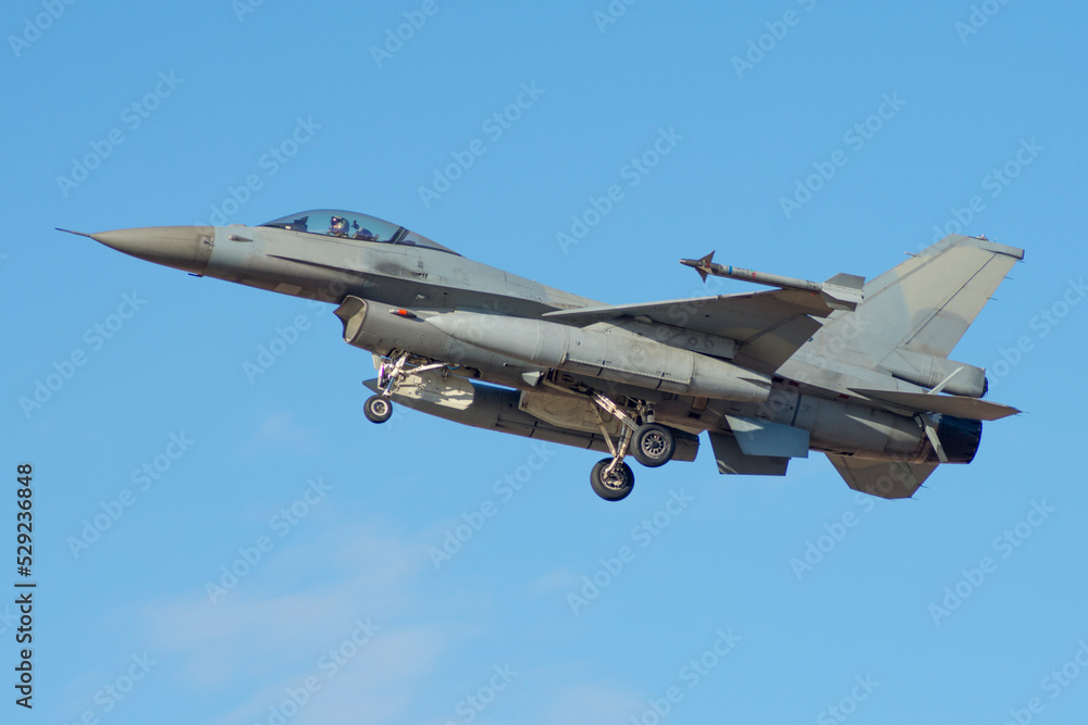 Avión de combate aterrizando, reactor militar F-16