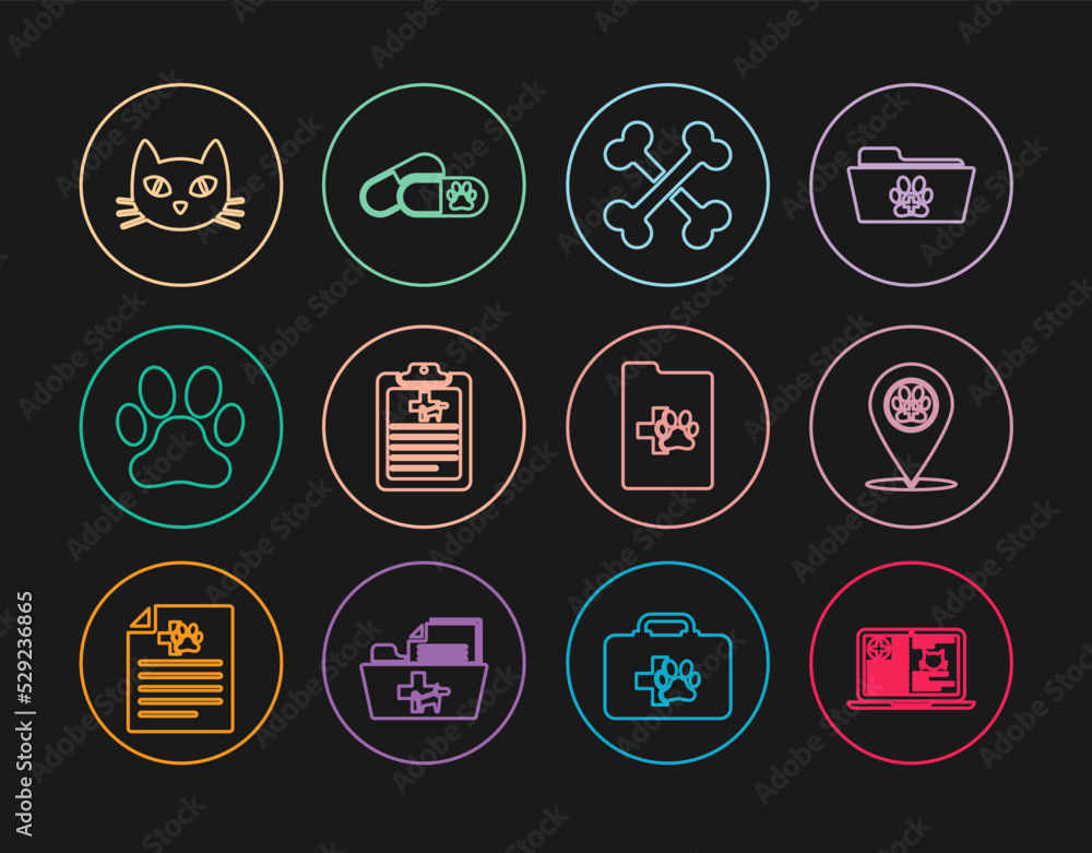 Set line Clinical record cat on laptop, Location veterinary, Crossed bones, pet, Paw print, Cat, and Dog and pills icon. Vector Set line Clinical record cat on laptop, Location veterinary, Crossed bones, pet, Paw print, Cat, and Dog and pills icon. Vector
