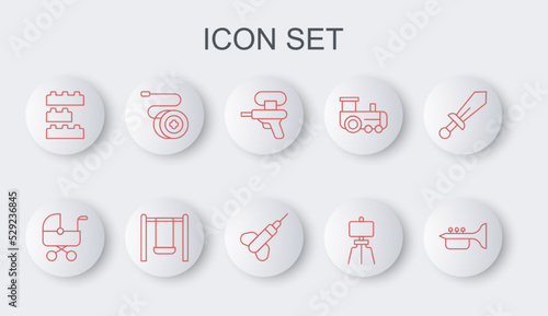 Set line Trumpet, Baby stroller, Water gun, Wood easel, Toy building block bricks, Yoyo toy, Swing and Dart arrow icon. Vector