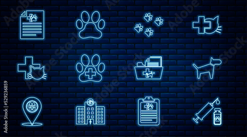 Set line Syringe with pet vaccine, Dog, Paw print, Veterinary clinic, Medical certificate for dog or cat, veterinary record folder and icon. Vector