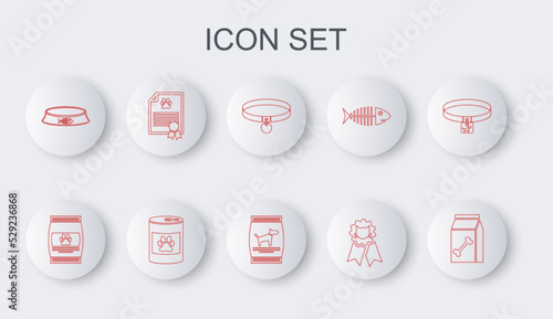 Set line Bag of food for pet, Collar, Cat award symbol, Pet bowl, Certificate dog cat, Canned and icon. Vector