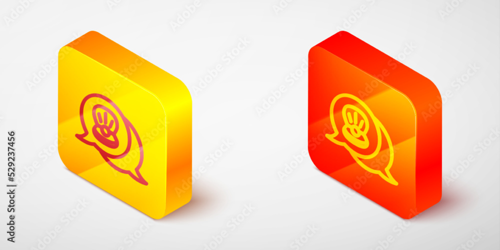 Isometric line Scallop sea shell icon isolated on grey background. Seashell sign. Yellow and orange square button. Vector Isometric line Scallop sea shell icon isolated on grey background. Seashell sign. Yellow and orange square button. Vector