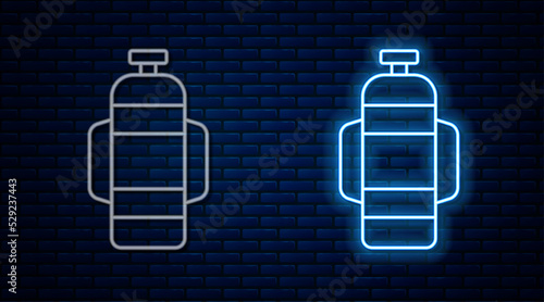 Glowing neon line Aqualung icon isolated on brick wall background. Oxygen tank for diver. Diving equipment. Extreme sport. Diving underwater equipment. Vector