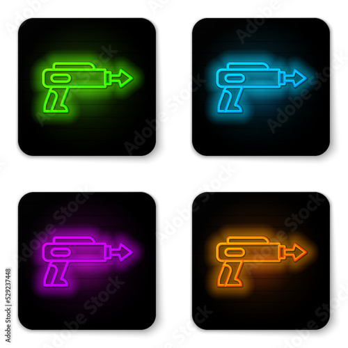 Glowing neon line Fishing harpoon icon isolated on white background. Fishery manufacturers for catching fish under water. Diving underwater equipment. Black square button. Vector