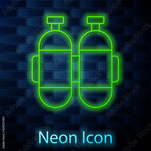 Glowing neon line Aqualung icon isolated on brick wall background. Oxygen tank for diver. Diving equipment. Extreme sport. Diving underwater equipment. Vector