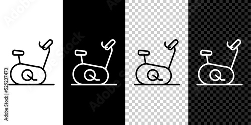 Set line Stationary bicycle icon isolated on black and white, transparent background. Exercise bike. Vector