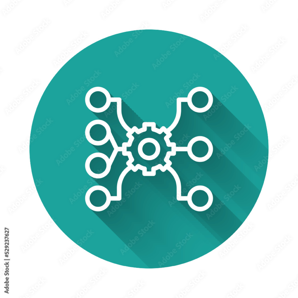 White line Neural network icon isolated with long shadow background. Artificial intelligence AI. Green circle button. Vector White line Neural network icon isolated with long shadow background. Artificial intelligence AI. Green circle button. Vector