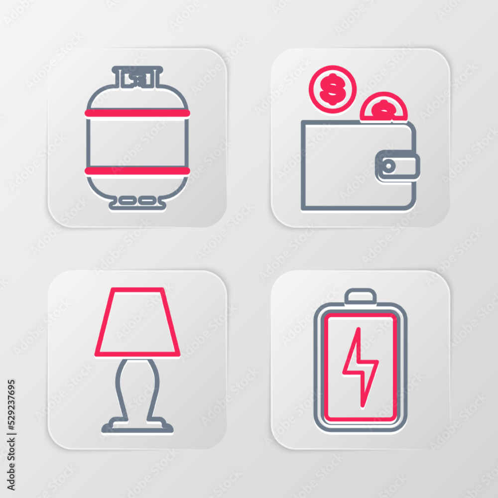 Set line Battery, Table lamp, Wallet with coin and Propane gas tank icon. Vector Set line Battery, Table lamp, Wallet with coin and Propane gas tank icon. Vector