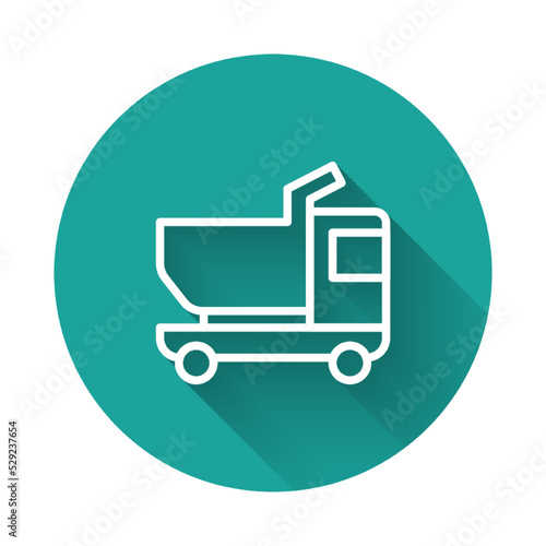 White line Toy truck icon isolated with long shadow background. Green circle button. Vector