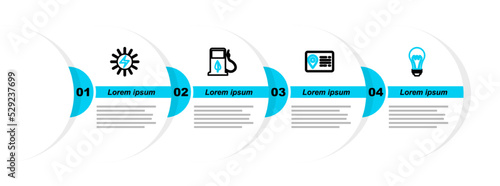 Set line Light bulb, Address book, Bio fuel with fueling nozzle and Solar energy panel icon. Vector