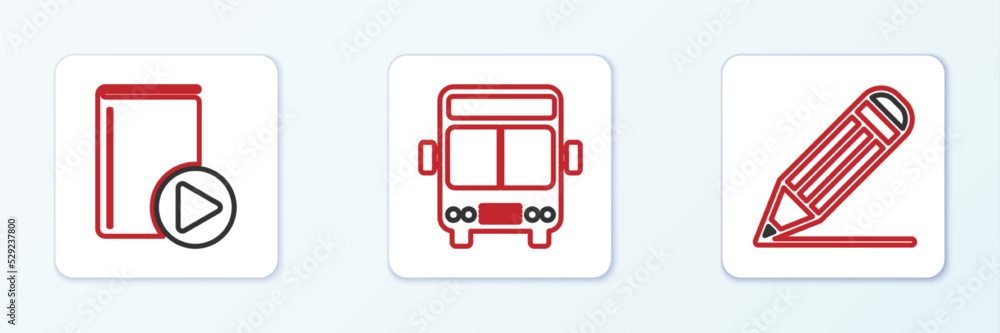 Set line Pencil and line, Audio book and Bus icon. Vector Set line Pencil and line, Audio book and Bus icon. Vector