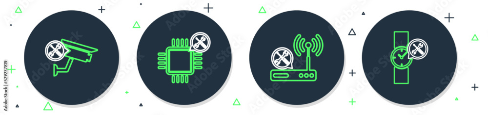 Set line Processor service, Router wi-fi, Security camera and Wrist watch icon. Vector Set line Processor service, Router wi-fi, Security camera and Wrist watch icon. Vector
