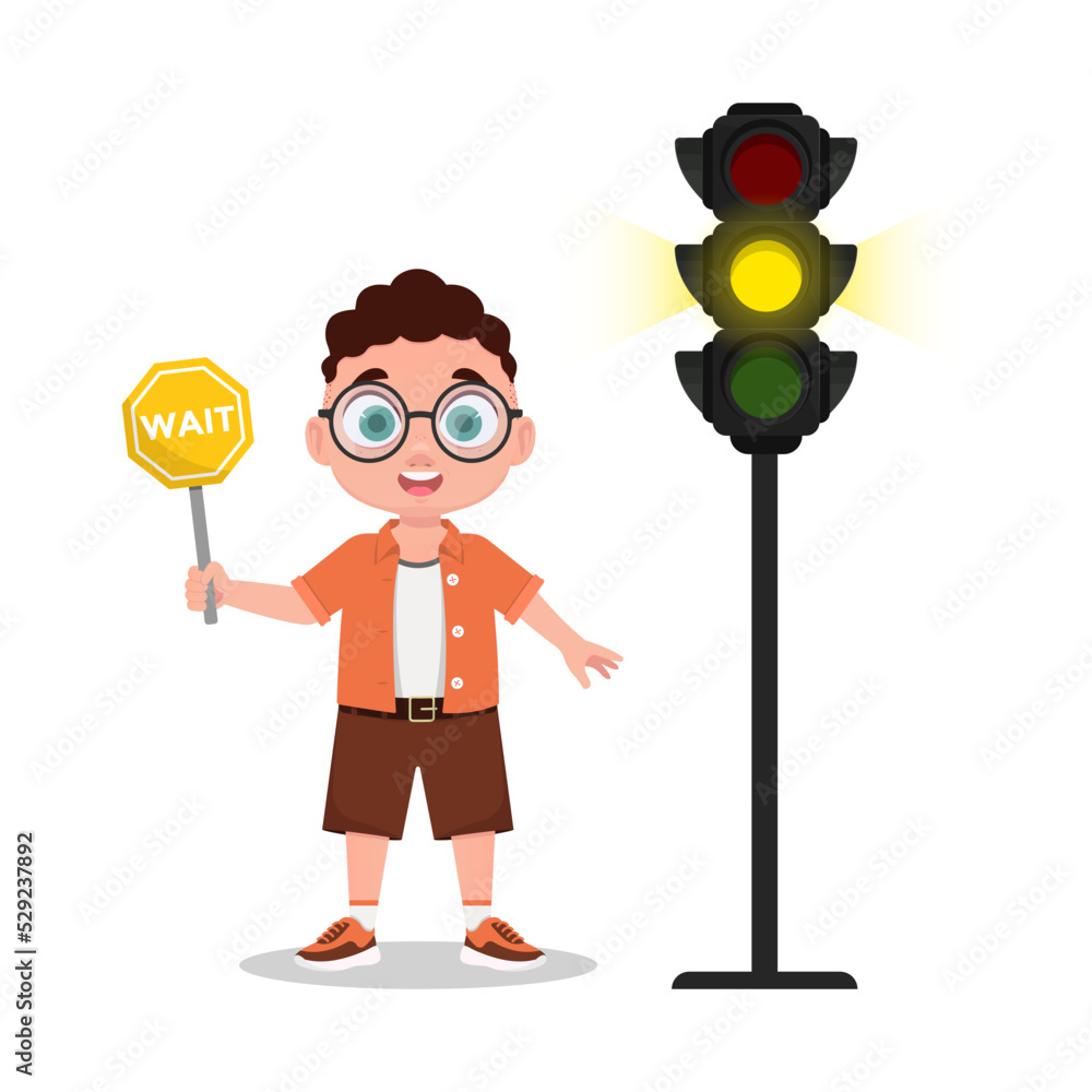 Schoolboy with a waiting sign. The traffic light shows a yellow signal. vector illustration Schoolboy with a waiting sign. The traffic light shows a yellow signal. vector illustration