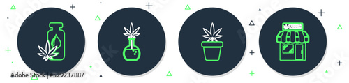 Set line Test tube with marijuana, Marijuana plant in pot, or cannabis leaf oil and and store icon. Vector