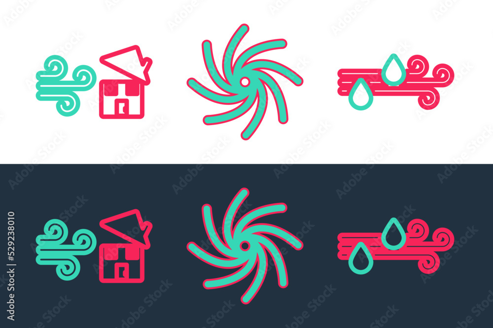 Obraz premium Set line Wind and rain, Tornado swirl and icon. Vector