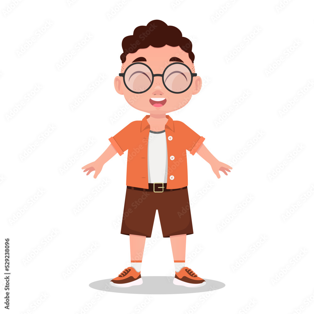 The child is smiling, eyes are closed, the boy is wearing glasses, the schoolboy. Vector illustration