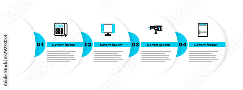 Set line Refrigerator, Rotary hammer drill machine, Smart Tv and Telephone icon. Vector