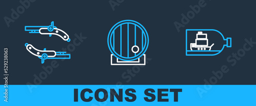 Set line Bottle with ship inside, Vintage pistols and Wooden barrel icon. Vector
