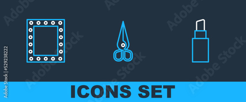 Set line Lipstick, Makeup mirror with lights and Scissors icon. Vector