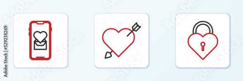 Set line Castle in the shape of heart, Mobile with and Amour and arrow icon. Vector
