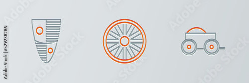 Set line Wooden four-wheel cart, Shield and Old wooden icon. Vector