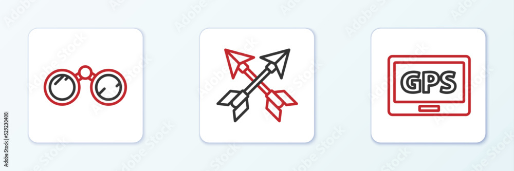 Set line Gps device with map, Binoculars and Crossed arrows icon. Vector Set line Gps device with map, Binoculars and Crossed arrows icon. Vector