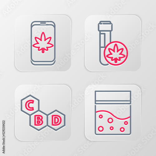 Set line Plastic bag of cannabis, Cannabis molecule, Chemical test tube with marijuana and Mobile and or icon. Vector