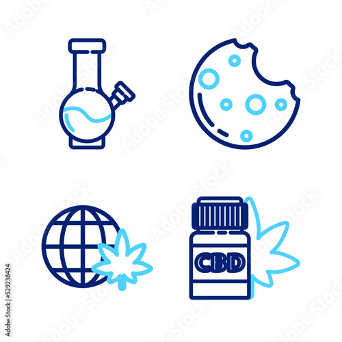 Set line Medical bottle with marijuana, Legalize globe, Cookies and Glass bong for smoking icon. Vector