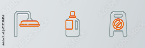Set line Wet floor and cleaning in progress, Shower head and Fabric softener icon. Vector