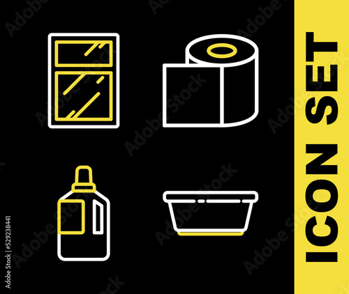 Set line Toilet paper roll, Plastic basin, Fabric softener and Cleaning service for windows icon. Vector
