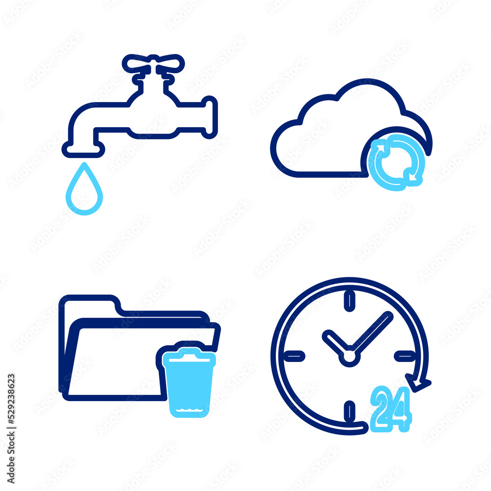 Set line Clock 24 hours, Delete folder, Cloud sync refresh and Water tap icon. Vector Set line Clock 24 hours, Delete folder, Cloud sync refresh and Water tap icon. Vector