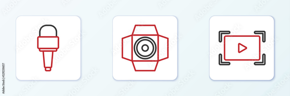 Set line Online play video, Microphone and Movie spotlight icon. Vector Set line Online play video, Microphone and Movie spotlight icon. Vector