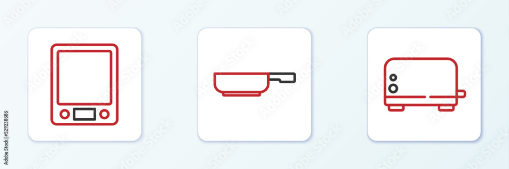 Set line Toaster, Electronic scales and Frying pan icon. Vector Set line Toaster, Electronic scales and Frying pan icon. Vector