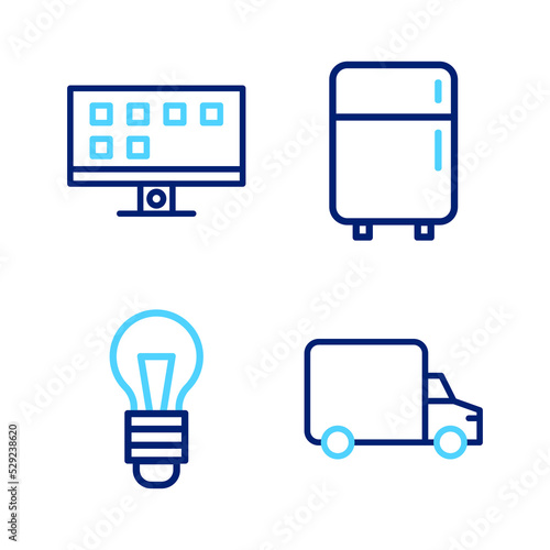 Set line Delivery cargo truck  Light bulb  Refrigerator and Smart Tv icon. Vector