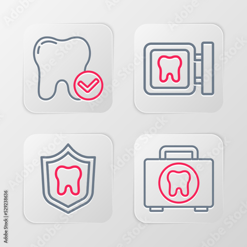 Set line First aid kit, Dental protection, clinic location and Tooth whitening concept icon. Vector