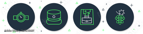 Set line Kepi, Handbag, Wrist watch and Grape fruit icon. Vector