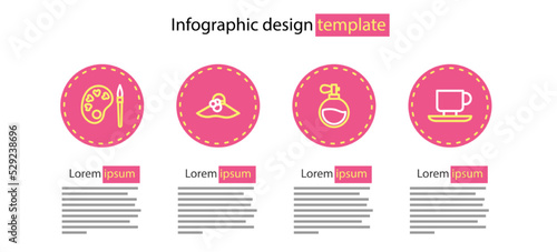 Set line Perfume, Coffee cup, Elegant women hat and Paint brush with palette icon. Vector