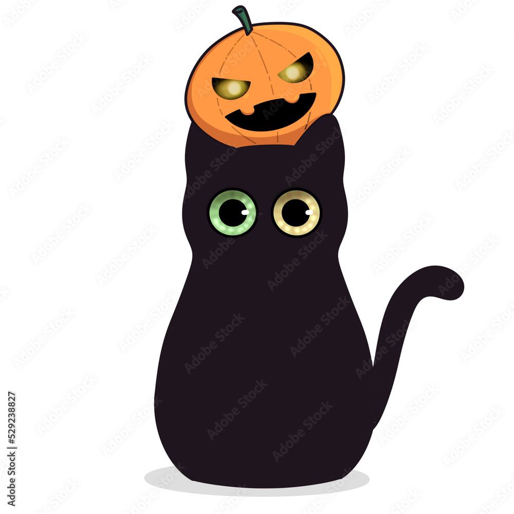 Black cat with pumpkin on his head. Odd eyed kitty. Halloween concept. Cute and funny style. Hand drawn character on white Black cat with pumpkin on his head. Odd eyed kitty. Halloween concept. Cute and funny style. Hand drawn character on white