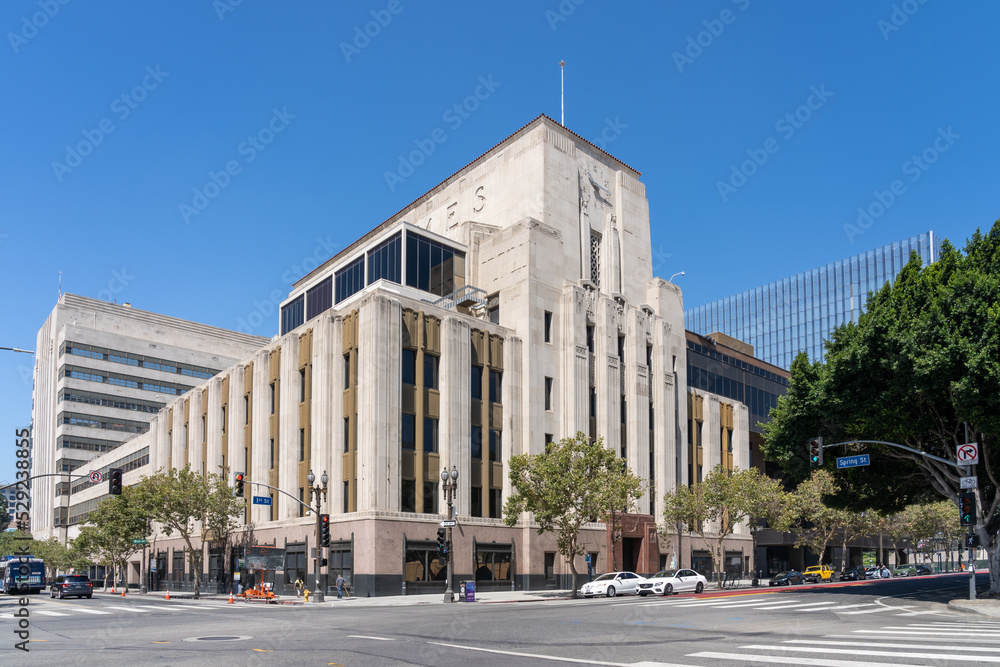 Los Angeles, CA, USA - July 11, 2022: The Los Angeles Times Building in Los Angeles, CA, part of the Times Mirror Square complex, and was headquarters of the Los Angeles Times until 2018.