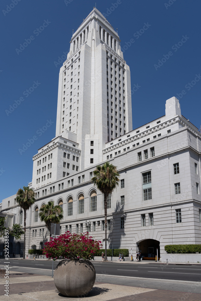 Los Angeles, CA, USA - July 11, 2022: Los Angeles City Hall is seen in California, USA, the center of the government of the city of Los Angeles. 