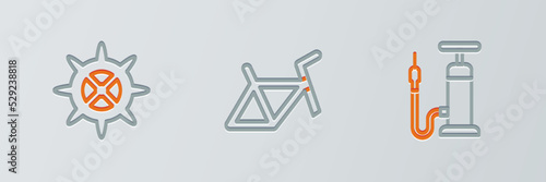 Set line Bicycle air pump, sprocket crank and frame icon. Vector