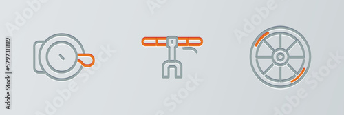 Set line Bicycle wheel, bell and handlebar icon. Vector