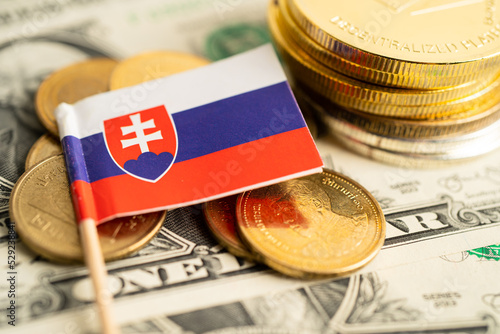 Stack of coins money with Slovakia flag, finance banking concept. photo